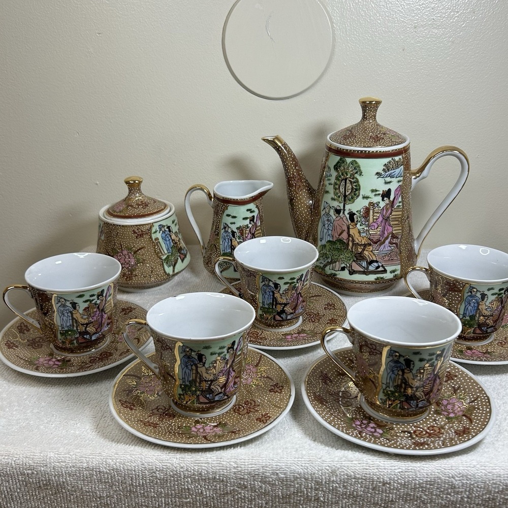 Antique Japanese Satsuma Tea Set teapot, Creamer, Sugar, Cups Saucers Numbered